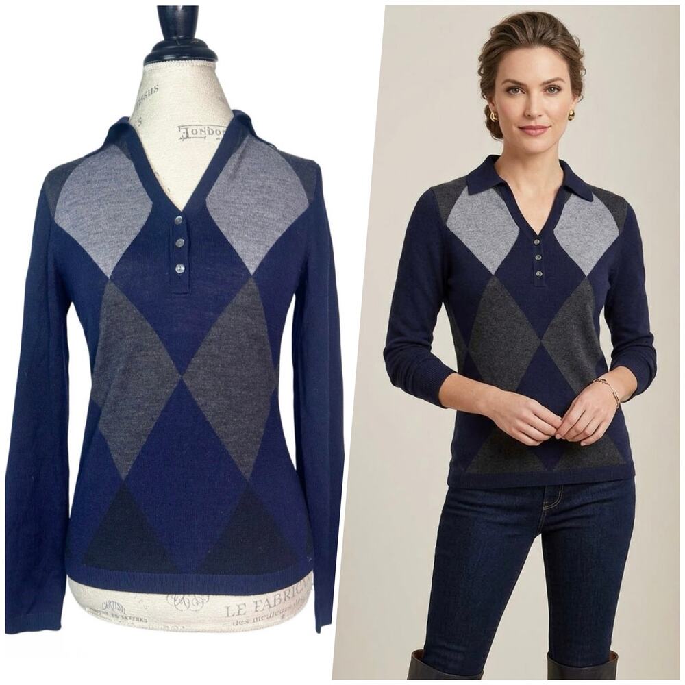 Brooks Brothers | Women | Extra Fine Merino Wool Argyle Sweater Polo | Small